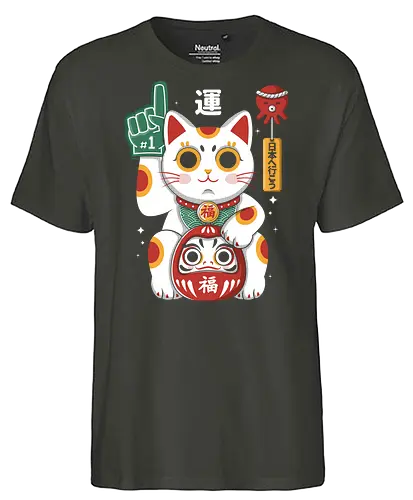 Lucky Mascot - colorful, cartoon, japanese, japan, lucky, mascot, maneki, neko, cat, daruma, fortune, luck, kawaii, asian, culture, traditional, cute, japaneseculture, catlover, goodluck, prosperity, amulet, oriental, popculture, gift - Fairtrade T-Shirt