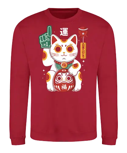 Lucky Mascot - colorful, cartoon, japanese, japan, lucky, mascot, maneki, neko, cat, daruma, fortune, luck, kawaii, asian, culture, traditional, cute, japaneseculture, catlover, goodluck, prosperity, amulet, oriental, popculture, gift - Sweatshirt