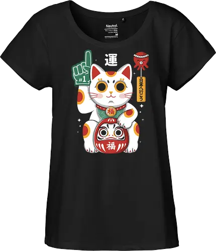 Lucky Mascot - colorful, cartoon, japanese, japan, lucky, mascot, maneki, neko, cat, daruma, fortune, luck, kawaii, asian, culture, traditional, cute, japaneseculture, catlover, goodluck, prosperity, amulet, oriental, popculture, gift - Fairtrade Girl Shirt