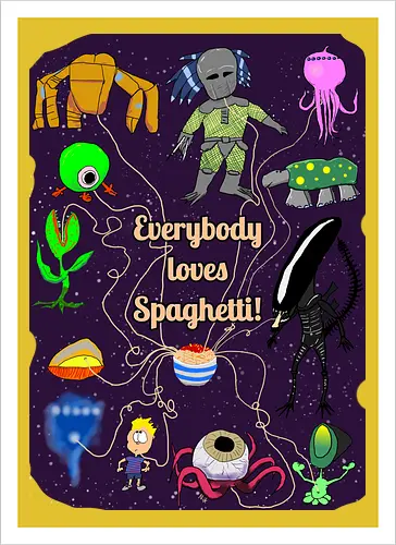 Everybody loves Spaghetti! - Spaghetti, Aliens, Xenomorph, Predator, Trypanohyncha_ocellus, Rocky, Pasta, Nudeln - Artprint