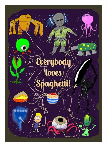 Everybody loves Spaghetti! - Spaghetti, Aliens, Xenomorph, Predator, Trypanohyncha_ocellus, Rocky, Pasta, Nudeln - Artprint
