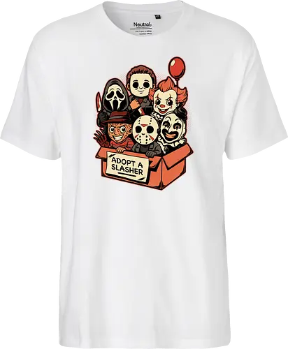 Adopt Slash Horror - Killer, Assassin, Gore, Halloween, Halloween Movie, Halloween Movies, Friday, vintage, Ghost, Clown, Evil Clown, Nightmare, Adoption, Adopt, Pet Adoption, Adopt Me, Slasher, Slash, Classic Horror, Horror, Horror Comedy, Horror Movies, Horror Movie, 80s Horror, Survival Horror, Cosmic Horror, Horror Fan Art, Cute Horror, Horror Aesthetic, Movies, Movie, Classic Movie, Classic, Classic Movies, Survival, Survive, Fan Art, Mashup, Cute, Spooky Season, Spooky, Spooky Cute, Spooky Art, Spooky, Creepy Monsters, Creepy, Monsters, Monster, Scary Movie, Scary, Scary Art, Serial Killer, retro - Fairtrade T-Shirt