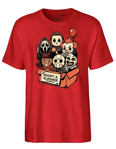 Adopt Slash Horror - Killer, Assassin, Gore, Halloween, Halloween Movie, Halloween Movies, Friday, vintage, Ghost, Clown, Evil Clown, Nightmare, Adoption, Adopt, Pet Adoption, Adopt Me, Slasher, Slash, Classic Horror, Horror, Horror Comedy, Horror Movies, Horror Movie, 80s Horror, Survival Horror, Cosmic Horror, Horror Fan Art, Cute Horror, Horror Aesthetic, Movies, Movie, Classic Movie, Classic, Classic Movies, Survival, Survive, Fan Art, Mashup, Cute, Spooky Season, Spooky, Spooky Cute, Spooky Art, Spooky, Creepy Monsters, Creepy, Monsters, Monster, Scary Movie, Scary, Scary Art, Serial Killer, retro - Fairtrade T-Shirt