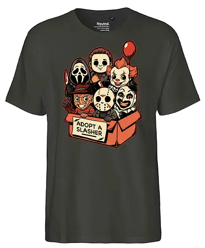 Adopt Slash Horror - Killer, Assassin, Gore, Halloween, Halloween Movie, Halloween Movies, Friday, vintage, Ghost, Clown, Evil Clown, Nightmare, Adoption, Adopt, Pet Adoption, Adopt Me, Slasher, Slash, Classic Horror, Horror, Horror Comedy, Horror Movies, Horror Movie, 80s Horror, Survival Horror, Cosmic Horror, Horror Fan Art, Cute Horror, Horror Aesthetic, Movies, Movie, Classic Movie, Classic, Classic Movies, Survival, Survive, Fan Art, Mashup, Cute, Spooky Season, Spooky, Spooky Cute, Spooky Art, Spooky, Creepy Monsters, Creepy, Monsters, Monster, Scary Movie, Scary, Scary Art, Serial Killer, retro - Fairtrade T-Shirt