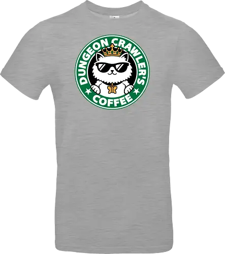 Dungeon Crawler Coffee - Coffee Time, Nerd, Geek, Fantasy, Adventure, Rpg, Litrpg, Book, Books, Bookworm, Science Fantasy, Science Fiction, Scifi, Cat, Pet, Donut, Funny, Post-apocalyptic, Apocalypse, Post Apocalyptic, Apocalyptic Cats, Postapocalypse, Post-apocalypse, Poster, Parody, Mashup, Logo, Graphic Design, Coffee, Coffee Shop - Standard T-Shirt