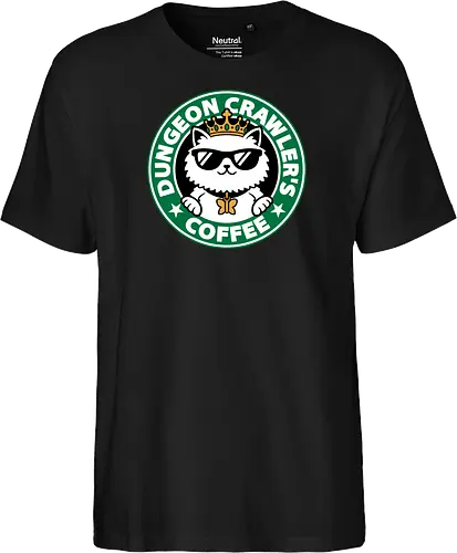 Dungeon Crawler Coffee - Coffee Time, Nerd, Geek, Fantasy, Adventure, Rpg, Litrpg, Book, Books, Bookworm, Science Fantasy, Science Fiction, Scifi, Cat, Pet, Donut, Funny, Post-apocalyptic, Apocalypse, Post Apocalyptic, Apocalyptic Cats, Postapocalypse, Post-apocalypse, Poster, Parody, Mashup, Logo, Graphic Design, Coffee, Coffee Shop - Fairtrade T-Shirt