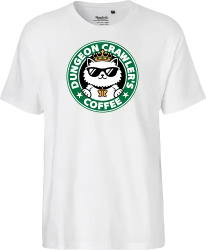 Dungeon Crawler Coffee - Coffee Time, Nerd, Geek, Fantasy, Adventure, Rpg, Litrpg, Book, Books, Bookworm, Science Fantasy, Science Fiction, Scifi, Cat, Pet, Donut, Funny, Post-apocalyptic, Apocalypse, Post Apocalyptic, Apocalyptic Cats, Postapocalypse, Post-apocalypse, Poster, Parody, Mashup, Logo, Graphic Design, Coffee, Coffee Shop - Fairtrade T-Shirt