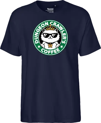 Dungeon Crawler Coffee - Coffee Time, Nerd, Geek, Fantasy, Adventure, Rpg, Litrpg, Book, Books, Bookworm, Science Fantasy, Science Fiction, Scifi, Cat, Pet, Donut, Funny, Post-apocalyptic, Apocalypse, Post Apocalyptic, Apocalyptic Cats, Postapocalypse, Post-apocalypse, Poster, Parody, Mashup, Logo, Graphic Design, Coffee, Coffee Shop - Fairtrade T-Shirt
