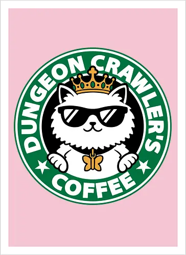 Dungeon Crawler Coffee - Coffee Time, Nerd, Geek, Fantasy, Adventure, Rpg, Litrpg, Book, Books, Bookworm, Science Fantasy, Science Fiction, Scifi, Cat, Pet, Donut, Funny, Post-apocalyptic, Apocalypse, Post Apocalyptic, Apocalyptic Cats, Postapocalypse, Post-apocalypse, Poster, Parody, Mashup, Logo, Graphic Design, Coffee, Coffee Shop - Artprint