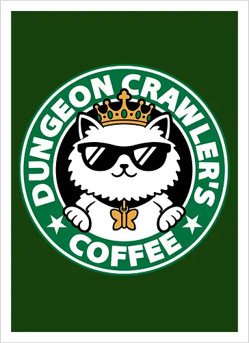 Dungeon Crawler Coffee - Coffee Time, Nerd, Geek, Fantasy, Adventure, Rpg, Litrpg, Book, Books, Bookworm, Science Fantasy, Science Fiction, Scifi, Cat, Pet, Donut, Funny, Post-apocalyptic, Apocalypse, Post Apocalyptic, Apocalyptic Cats, Postapocalypse, Post-apocalypse, Poster, Parody, Mashup, Logo, Graphic Design, Coffee, Coffee Shop - Artprint