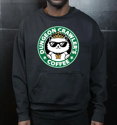 Dungeon Crawler Coffee - Coffee Time, Nerd, Geek, Fantasy, Adventure, Rpg, Litrpg, Book, Books, Bookworm, Science Fantasy, Science Fiction, Scifi, Cat, Pet, Donut, Funny, Post-apocalyptic, Apocalypse, Post Apocalyptic, Apocalyptic Cats, Postapocalypse, Post-apocalypse, Poster, Parody, Mashup, Logo, Graphic Design, Coffee, Coffee Shop - Cropped Sweatshirt