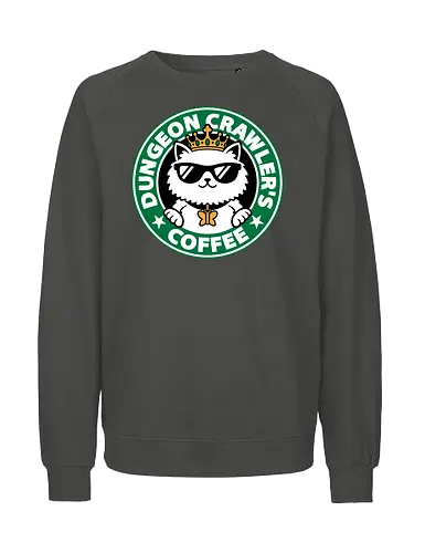 Dungeon Crawler Coffee - Coffee Time, Nerd, Geek, Fantasy, Adventure, Rpg, Litrpg, Book, Books, Bookworm, Science Fantasy, Science Fiction, Scifi, Cat, Pet, Donut, Funny, Post-apocalyptic, Apocalypse, Post Apocalyptic, Apocalyptic Cats, Postapocalypse, Post-apocalypse, Poster, Parody, Mashup, Logo, Graphic Design, Coffee, Coffee Shop - Fairtrade Sweatshirt