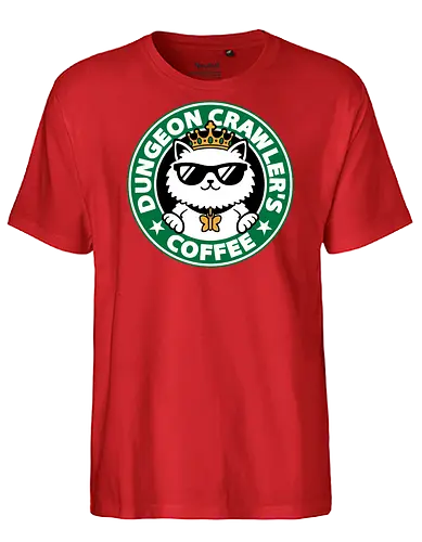 Dungeon Crawler Coffee - Coffee Time, Nerd, Geek, Fantasy, Adventure, Rpg, Litrpg, Book, Books, Bookworm, Science Fantasy, Science Fiction, Scifi, Cat, Pet, Donut, Funny, Post-apocalyptic, Apocalypse, Post Apocalyptic, Apocalyptic Cats, Postapocalypse, Post-apocalypse, Poster, Parody, Mashup, Logo, Graphic Design, Coffee, Coffee Shop - Fairtrade T-Shirt