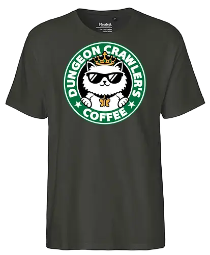 Dungeon Crawler Coffee - Coffee Time, Nerd, Geek, Fantasy, Adventure, Rpg, Litrpg, Book, Books, Bookworm, Science Fantasy, Science Fiction, Scifi, Cat, Pet, Donut, Funny, Post-apocalyptic, Apocalypse, Post Apocalyptic, Apocalyptic Cats, Postapocalypse, Post-apocalypse, Poster, Parody, Mashup, Logo, Graphic Design, Coffee, Coffee Shop - Fairtrade T-Shirt