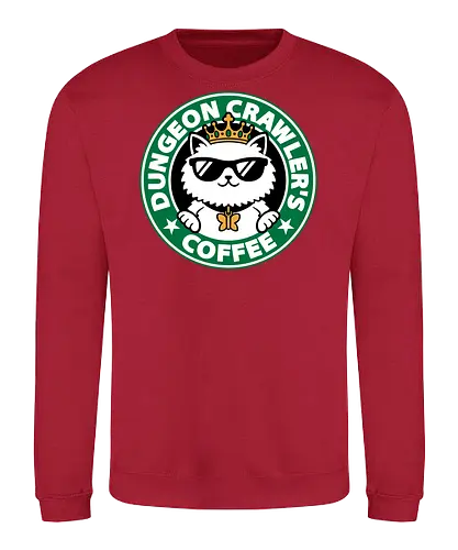 Dungeon Crawler Coffee - Coffee Time, Nerd, Geek, Fantasy, Adventure, Rpg, Litrpg, Book, Books, Bookworm, Science Fantasy, Science Fiction, Scifi, Cat, Pet, Donut, Funny, Post-apocalyptic, Apocalypse, Post Apocalyptic, Apocalyptic Cats, Postapocalypse, Post-apocalypse, Poster, Parody, Mashup, Logo, Graphic Design, Coffee, Coffee Shop - Sweatshirt