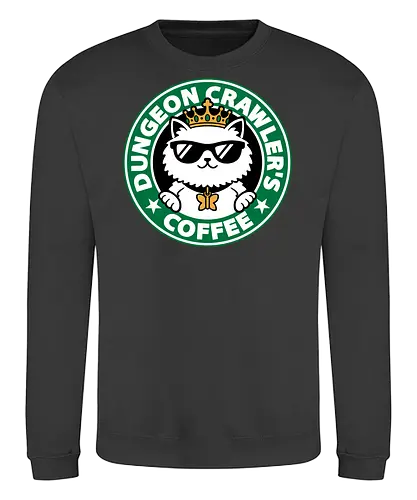 Dungeon Crawler Coffee - Coffee Time, Nerd, Geek, Fantasy, Adventure, Rpg, Litrpg, Book, Books, Bookworm, Science Fantasy, Science Fiction, Scifi, Cat, Pet, Donut, Funny, Post-apocalyptic, Apocalypse, Post Apocalyptic, Apocalyptic Cats, Postapocalypse, Post-apocalypse, Poster, Parody, Mashup, Logo, Graphic Design, Coffee, Coffee Shop - Sweatshirt