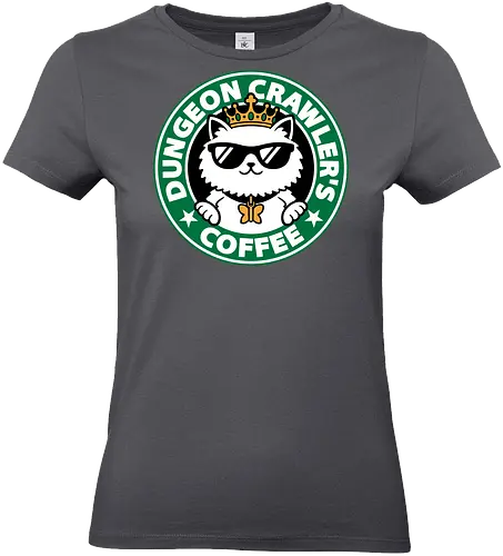 Dungeon Crawler Coffee - Coffee Time, Nerd, Geek, Fantasy, Adventure, Rpg, Litrpg, Book, Books, Bookworm, Science Fantasy, Science Fiction, Scifi, Cat, Pet, Donut, Funny, Post-apocalyptic, Apocalypse, Post Apocalyptic, Apocalyptic Cats, Postapocalypse, Post-apocalypse, Poster, Parody, Mashup, Logo, Graphic Design, Coffee, Coffee Shop - Standard T-Shirt (Women)
