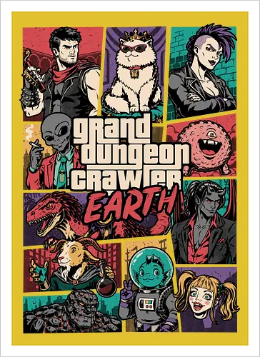 Dungeon Crawler Game - Action, Nerd, Geek, Fantasy, Adventure, Rpg, Litrpg, Book, Books, Bookworm, Science Fantasy, Science Fiction, Scifi, Cat, Pet, Donut, Funny, Post-apocalyptic, Apocalypse, Post Apocalyptic, Apocalyptic Cats, Postapocalypse, Post-apocalypse, Poster, Parody, Dinosaur, Velociraptor, Mashup, Video Games, Video Game, Games, Game, Gang, Gangsters, Gangster - Artprint