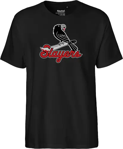 Slayers - horror, baseball style, baseball team, crow, funny, halloween, horror fan, raven, slayers, sports, baseball lover, horror movie addict, horrormovies - Fairtrade T-Shirt