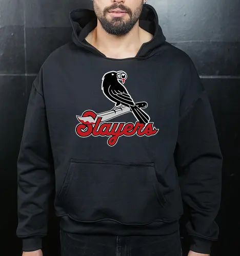 Slayers - horror, baseball style, baseball team, crow, funny, halloween, horror fan, raven, slayers, sports, baseball lover, horror movie addict, horrormovies - Cropped Hoodie