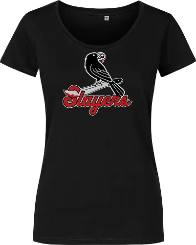 Slayers - horror, baseball style, baseball team, crow, funny, halloween, horror fan, raven, slayers, sports, baseball lover, horror movie addict, horrormovies - Women T-Shirt