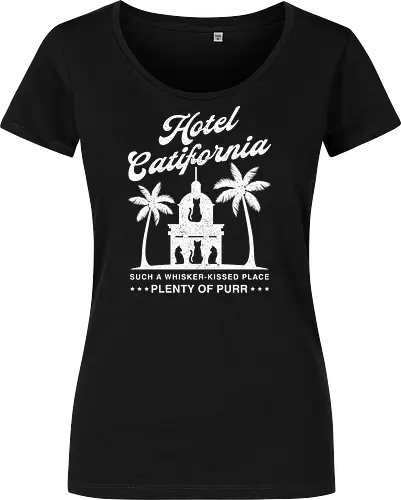 Hotel Catifornia - tropical cat, cat vacation, cat life, purr, plenty of purr, whiskers, whisker kissed, black cat, cat silhouette, retro parody, vintage hotel, hotel catifornia, cat lover, funny cat, retro cat, vintage cat, california cat, cat hotel, feline humor, cat pun, funny cats, palm trees, california vibes, retro california, vintage travel - Women T-Shirt
