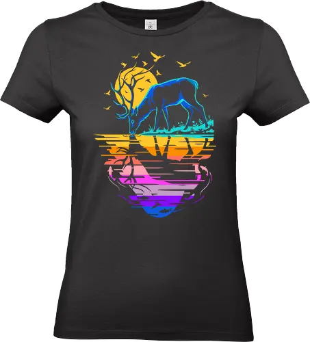 Vaporwave Oasis: The Neon Stag - vaporwave deer shirt, synthwave nature graphic tee, retro 80s outrun apparel, neon sunset clothing, aesthetic animal streetwear, majestic stag design, colorful reflection art, indie hipster fashion, psychedelic nature merch, retro futuristic wilderness - Standard T-Shirt (Women)