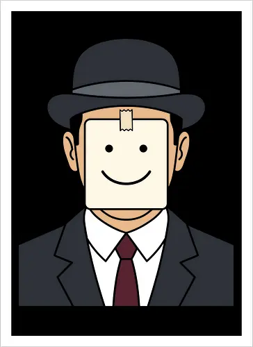 Fake a Smile: The Corporate Magritte - Son of Man graphic tee, aesthetic art history merch, ironic aesthetic tee, Rene Magritte parody shirt, fake smile apparel, corporate burnout clothing, sarcastic office humor, surrealist art streetwear, sticky note smiley face, funny introvert fashion - Artprint