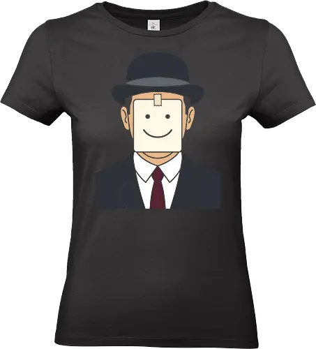 Fake a Smile: The Corporate Magritte - Son of Man graphic tee, aesthetic art history merch, ironic aesthetic tee, Rene Magritte parody shirt, fake smile apparel, corporate burnout clothing, sarcastic office humor, surrealist art streetwear, sticky note smiley face, funny introvert fashion - Standard T-Shirt (Women)