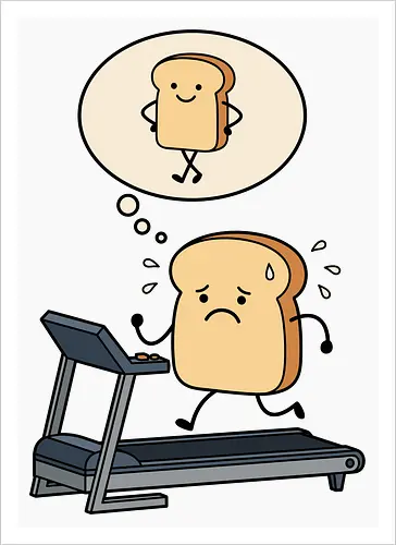 Working on that Crust: The Cardio Carb - sarcastic workout fashion, aesthetic cartoon streetwear, funny workout shirt, bread on treadmill graphic, kawaii fitness apparel, carb lover merch, relatable gym clothing, cute food character tee, fitness motivation humor, toast pun shirt - Artprint