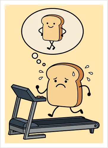 Working on that Crust: The Cardio Carb - sarcastic workout fashion, aesthetic cartoon streetwear, funny workout shirt, bread on treadmill graphic, kawaii fitness apparel, carb lover merch, relatable gym clothing, cute food character tee, fitness motivation humor, toast pun shirt - Artprint