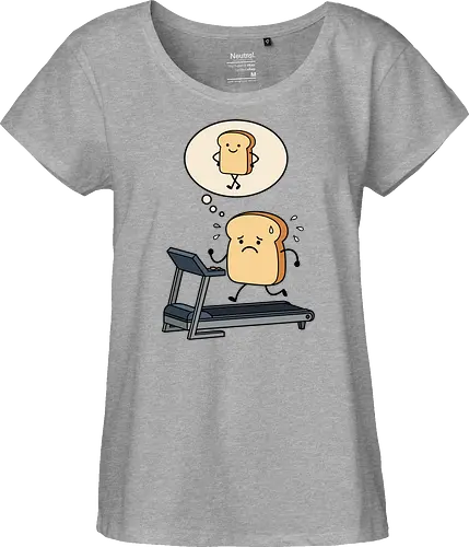 Working on that Crust: The Cardio Carb - sarcastic workout fashion, aesthetic cartoon streetwear, funny workout shirt, bread on treadmill graphic, kawaii fitness apparel, carb lover merch, relatable gym clothing, cute food character tee, fitness motivation humor, toast pun shirt - Fairtrade Girl Shirt