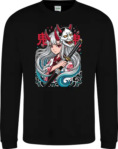 Daughter of the Beast: The Oni Princess - Hannya mask clothing, Yamato shirt, One Piece Wano merch, Oni princess graphic tee, anime warrior girl apparel, Japanese demon mask design, shonen manga streetwear, aesthetic anime fashion, white hair anime girl, epic anime battle tee - Sweatshirt