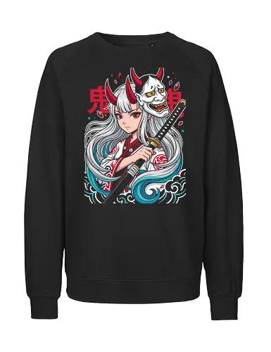 Daughter of the Beast: The Oni Princess - Hannya mask clothing, Yamato shirt, One Piece Wano merch, Oni princess graphic tee, anime warrior girl apparel, Japanese demon mask design, shonen manga streetwear, aesthetic anime fashion, white hair anime girl, epic anime battle tee - Fairtrade Sweatshirt