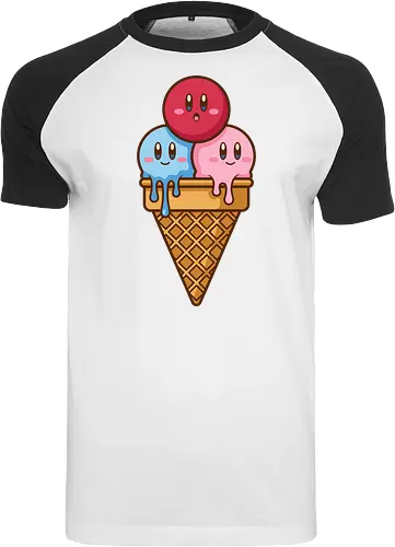 Sweet Dreams: Kawaii Hero Ice Cream - Kirby ice cream shirt, melting ice cream design, anime dessert graphic, kawaii gaming graphic tee, retro Nintendo streetwear, cute food anime apparel, pastel pink gamer fashion, sweet aesthetic clothing, nostalgic platformer merch, funny pop art tee - Raglan T-Shirt