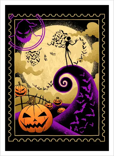 Halloween Postage - bats, trick or treat, halloween, fall, horror, mail, moonlight, nightmare, october, postage, pumpkin, scary, spooky, stamp, stamp collecting - Artprint