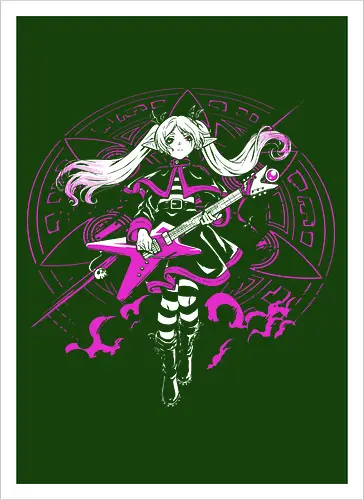 Frieren Rock N Roll Elf Witch Dark Magic - Frieren, Frieren Beyond Journeys End, elf anime, rock guitar fantasy, dark magic aesthetic, anime girl gift, fantasy anime fan, weeb rock - Artprint