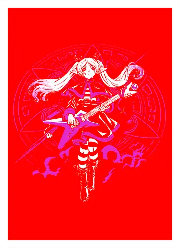 Frieren Rock N Roll Elf Witch Dark Magic - Frieren, Frieren Beyond Journeys End, elf anime, rock guitar fantasy, dark magic aesthetic, anime girl gift, fantasy anime fan, weeb rock - Artprint