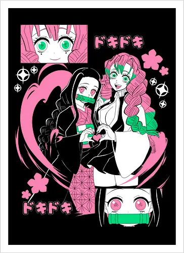 Nezuko Mitsuri Slayer Doki Doki - Kimetsu no Yaiba, pink anime aesthetic, cute anime girl, demon slayer gift, otaku fashion, Nezuko, Mitsuri Kanroji, Slayer - Artprint