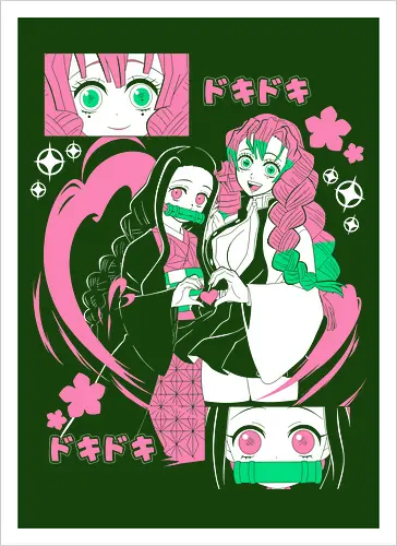 Nezuko Mitsuri Slayer Doki Doki - Kimetsu no Yaiba, pink anime aesthetic, cute anime girl, demon slayer gift, otaku fashion, Nezuko, Mitsuri Kanroji, Slayer - Artprint