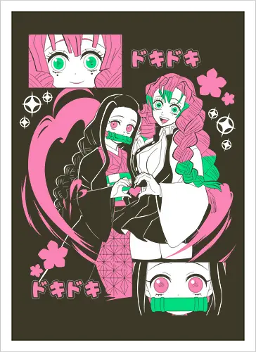 Nezuko Mitsuri Slayer Doki Doki - Kimetsu no Yaiba, pink anime aesthetic, cute anime girl, demon slayer gift, otaku fashion, Nezuko, Mitsuri Kanroji, Slayer - Artprint
