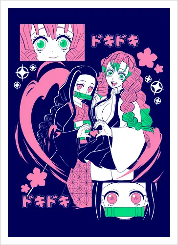 Nezuko Mitsuri Slayer Doki Doki - Kimetsu no Yaiba, pink anime aesthetic, cute anime girl, demon slayer gift, otaku fashion, Nezuko, Mitsuri Kanroji, Slayer - Artprint