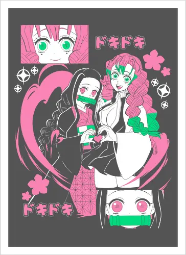Nezuko Mitsuri Slayer Doki Doki - Kimetsu no Yaiba, pink anime aesthetic, cute anime girl, demon slayer gift, otaku fashion, Nezuko, Mitsuri Kanroji, Slayer - Artprint
