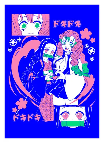 Nezuko Mitsuri Slayer Doki Doki - Kimetsu no Yaiba, pink anime aesthetic, cute anime girl, demon slayer gift, otaku fashion, Nezuko, Mitsuri Kanroji, Slayer - Artprint