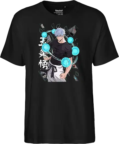 Gojo Six Eyes Infinity Unleashed JJK - Gojo Satoru, six eyes, Jujutsu, infinity technique, teal aesthetic, strongest ever, anime birthday, JJK graphic tee - Fairtrade T-Shirt