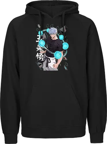 Gojo Six Eyes Infinity Unleashed JJK - Gojo Satoru, six eyes, Jujutsu, infinity technique, teal aesthetic, strongest ever, anime birthday, JJK graphic tee - Fairtrade Hoodie