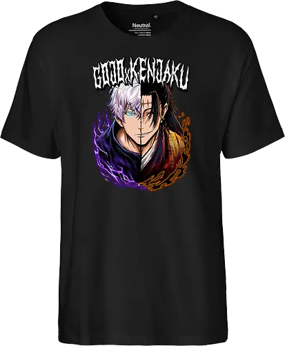 Gojo Kenjaku Two Faces One War JJK - Gojo Satoru, Kenjaku, Jujutsu, split face, two enemies, manga duality, anime fan gift, JJK arc art - Fairtrade T-Shirt