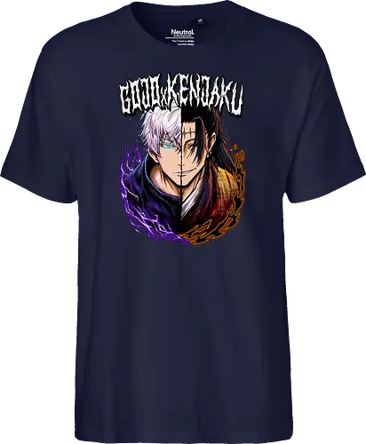 Gojo Kenjaku Two Faces One War JJK - Gojo Satoru, Kenjaku, Jujutsu, split face, two enemies, manga duality, anime fan gift, JJK arc art - Fairtrade T-Shirt