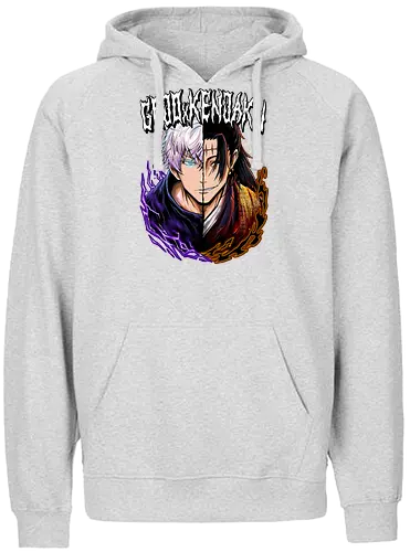 Gojo Kenjaku Two Faces One War JJK - Gojo Satoru, Kenjaku, Jujutsu, split face, two enemies, manga duality, anime fan gift, JJK arc art - Fairtrade Hoodie