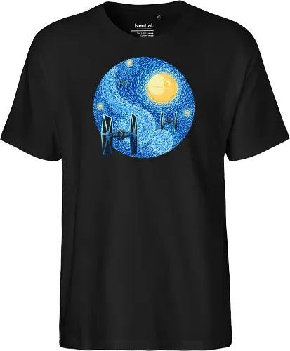 Starry Night Fighters Galactic Edition - starry night space art, famous painting parody, classical art mashup, cosmic night, space battle art, sci fi painting, starry sky art, post impressionist style, vintage space art, galaxy painting, cosmic art, spacecraft silhouette, space fighter, futuristic aircraft - Fairtrade T-Shirt